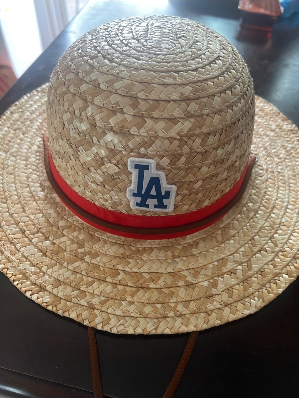Onepiece Kids Straw Sun Hat with Blue LA Patch and Red Trim